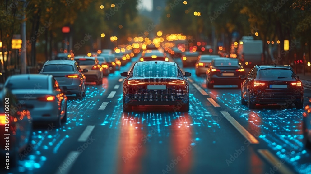 Leinwandbilder autonomous vehicles navigate a busy urban street equipped with smart road technology that includes s