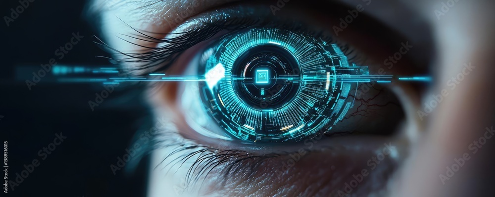 Poster close-up human eye merging with artificial biotechnology concept. close-up of a futuristic eye with 