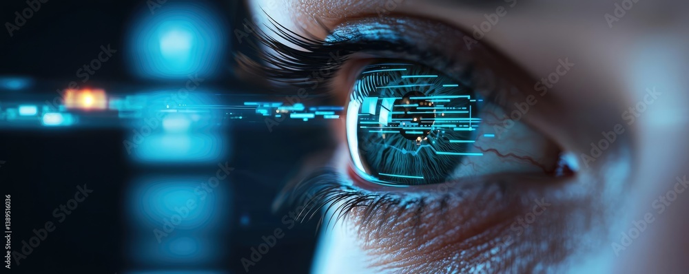 Poster close-up human eye merging with artificial biotechnology concept. close-up of a futuristic eye with 