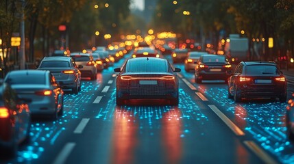 Autonomous vehicles navigate a busy urban street equipped with smart road technology that includes sensors and connectivity features while dusk settles over the city.