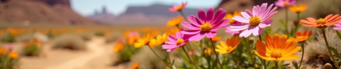 Fototapeta premium Close-up of colorful daisies blooming in arid desert terrain, arid, desert, blooming