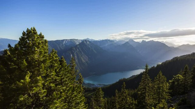 Sunset time lapse of lake Achensee, Rofan mountains, Tyrol, Austria, 4K