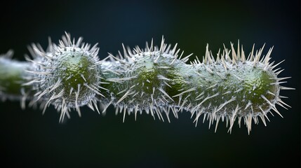 Fototapeta premium Close-up view of virus particles, studded with spikes. A chain of virus-like structures, highlighted with detailed spikes on each particle. Dark background enhances the virus's texture and shape