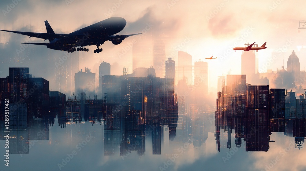 Poster dynamic cityscape with planes in double exposure effect