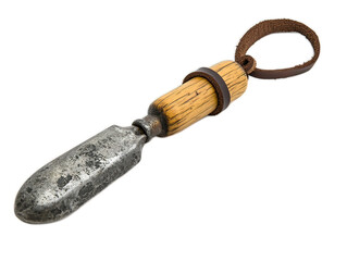 Obraz premium Traditional outdoor flint striker with wooden handle, steel striking surface showing wear from use, attached to leather lanyard, white background