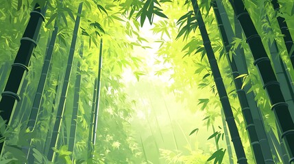 Lush green bamboo forest with sunlight streaming through.