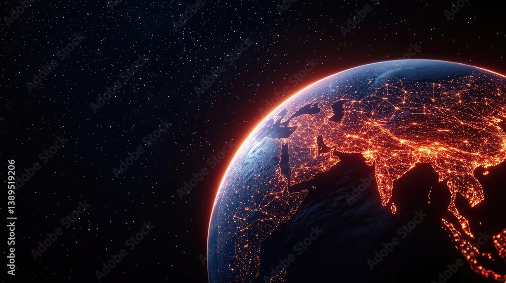 Poster earth with glowing network and cyberspace data grid concept. stunning view of earth from space, show