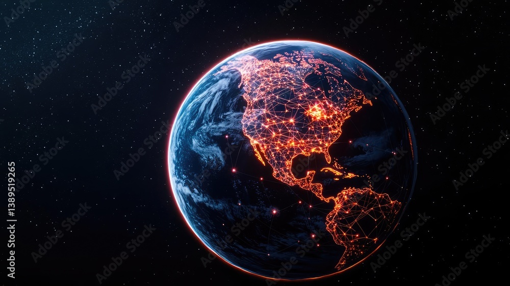 Poster earth with glowing network in cyberspace and digital cloud concept. stylized view of earth highlight