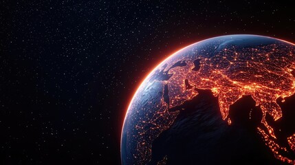Obraz premium Earth with glowing network and cyberspace data grid concept. Stunning view of Earth from space, showcasing illuminated cities.