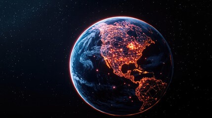 Obraz premium Earth with glowing network in cyberspace and digital cloud concept. Stylized view of Earth highlighting urban areas at night.