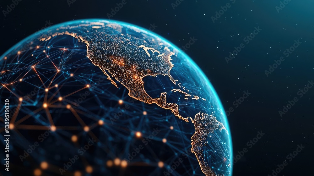 Poster earth with glowing network in cyberspace and digital cloud concept. a digital representation of eart