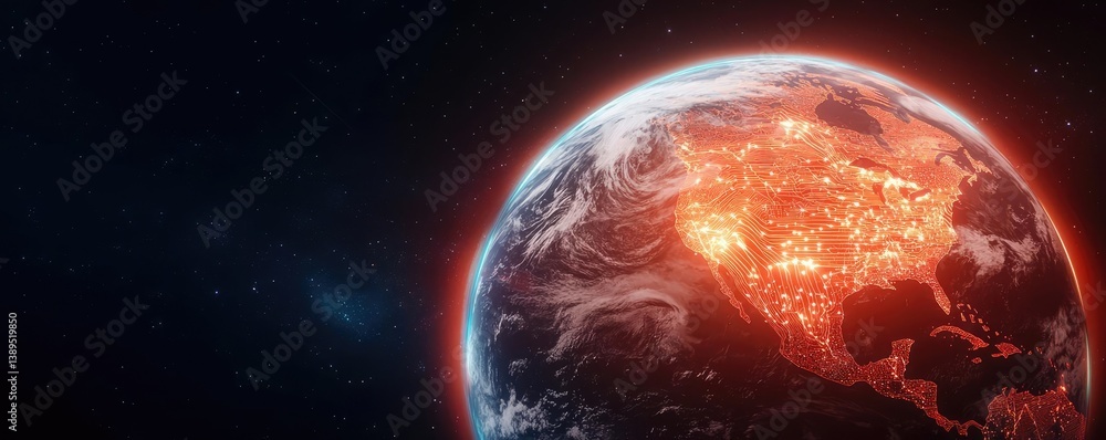 Poster earth with glowing network and cyberspace data grid concept. stunning view of earth with glowing cit