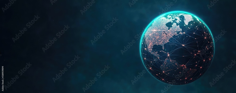 Poster earth with glowing network in cyberspace and digital cloud concept. digital representation of earth 