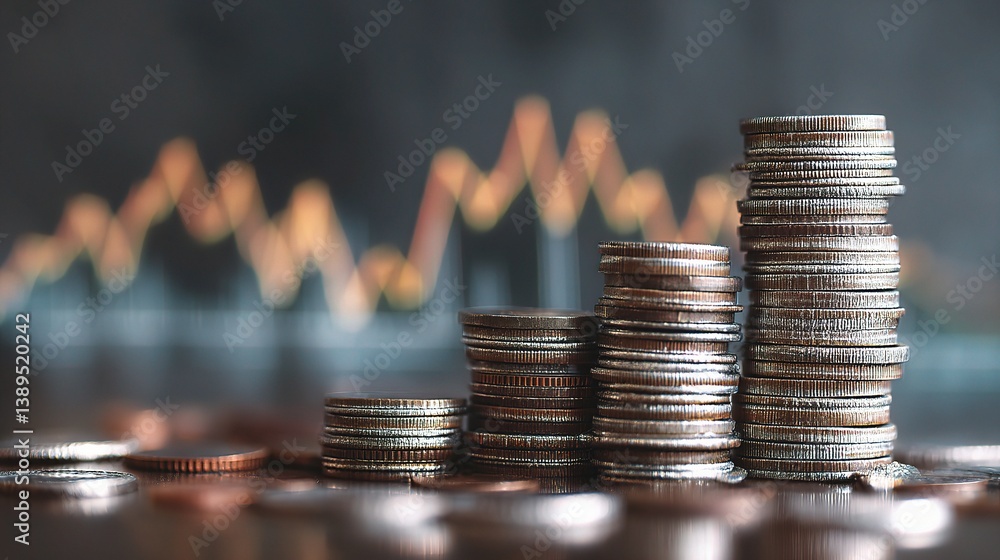 Poster stacked coins displayed with financial graph in background