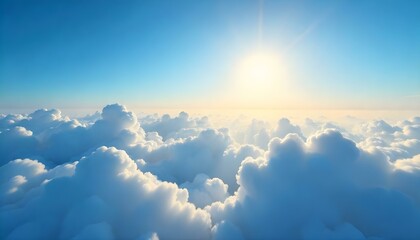 Fototapeta premium A breathtaking view from above the clouds, bathed in the radiant glow of the sun, digital art, the sky is a brilliant blue, fading slightly towards the horizon