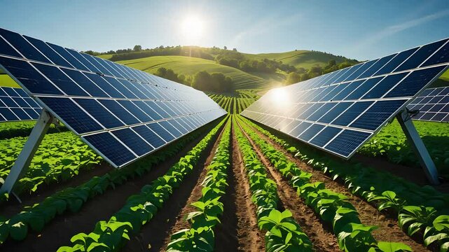 Sunlit solar panels powering agricultural fields with rows of crops growing beneath, showcasing sustainable energy use.

