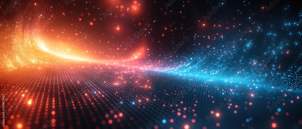 Poster abstract futuristic background with glowing red and blue particles on a digital grid concept of tech