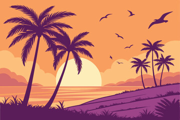 101 Tropical sunset, palm tree silhouettes, vibrant orange and purple sky, birds in flight, beach landscape, gradient colors, warm hues, exotic paradise, vector illustration style, symmetrical composi
