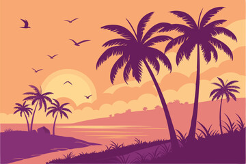 101 Tropical sunset, palm tree silhouettes, vibrant orange and purple sky, birds in flight, beach landscape, gradient colors, warm hues, exotic paradise, vector illustration style, symmetrical composi