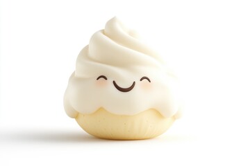 A cute cartoon cupcake with vanilla frosting and a happy face.