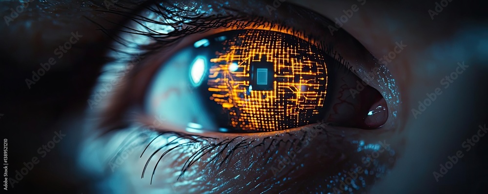 Poster close-up human eye merging with artificial biotechnology concept. close-up of an eye with a digitall