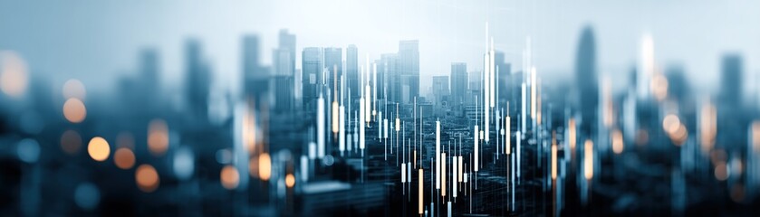 Blurred city skyline with sharp focus on a stock chart on a tablet - graph digital night tablet numbers