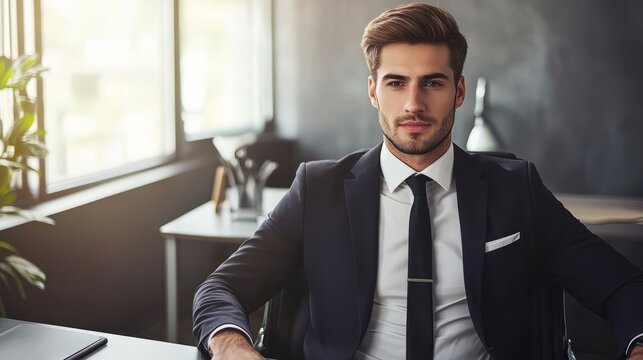 Young businessman in formal attire, focused at modern desk, embodying professionalism and determination.
