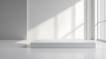 Fototapeta premium Minimalist white platform in sunlit room.