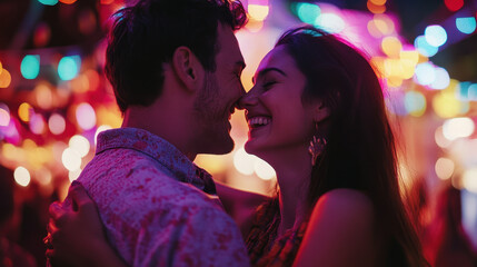 A laughing couple at a colorful festival surrounded by lights and music