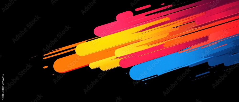 Poster abstract colorful geometric shapes on black background, dynamic motion graphic design element for mo