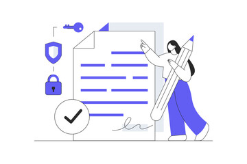 E-signature. Woman signing a legal document. Businesswoman signing online contract with digital signature. Verifying the authenticity of message. Flat Cartoon Vector Illustration, icon. Stylish web