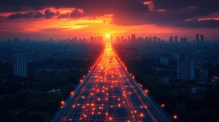 Futuristic cityscape with glowing connection points symbolizing global digital connectivity and technological advancement.