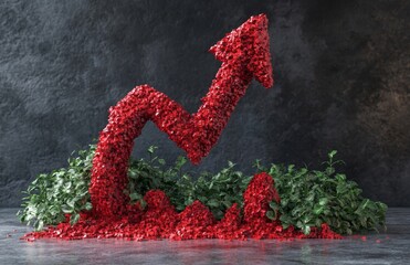 A red arrow drops onto a gray-tiled wall and floor. An abstract 3D diagram presents an innovative economic decline. This illustration portrays a recession, financial crisis, loss, business failure,