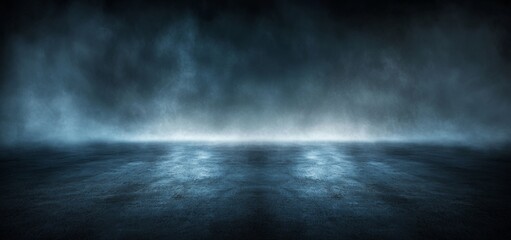 Enigmatic, swirling mist drifts in dim light. Liquid fog dances, forming abstract steam patterns on the floor against a black backdrop, creating a smooth, soft cloud of mystery and magic. Spooky