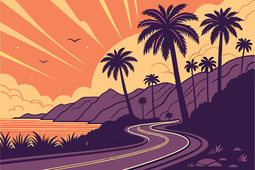 103 Tropical sunset, coastal road, palm trees, vibrant sky, orange and purple hues, reflective asphalt, curving highway, silhouetted mountains, sun rays, tranquil ocean, scenic landscape, digital art 