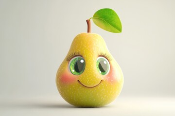 A cute cartoon pear with big green eyes and a happy smile, digitally rendered.