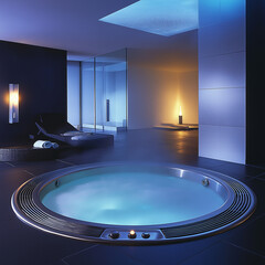 circular hot tub-style bathtub sunken into the floor, surrounded by soft lighting and aromatic steam