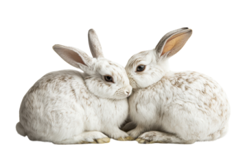 Two fluffy bunnies cuddling softly against a white backdrop delicate features and gentle moment