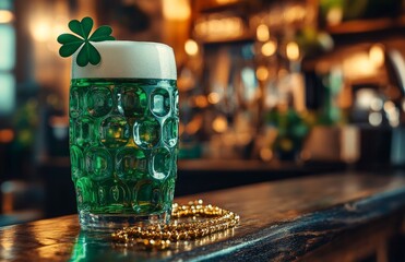 A pint of green beer sits on the bar for the Irish St. Patrick's Day celebration. A festive shamrock drink is on the wooden countertop of the pub. The traditional party features a beer pint and a