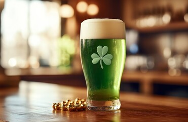 On the bar, green beer is ready for the Irish St. Patrick's Day celebration. A festive shamrock beverage is displayed on the pub's wooden countertop. The traditional party features a pint of beer and