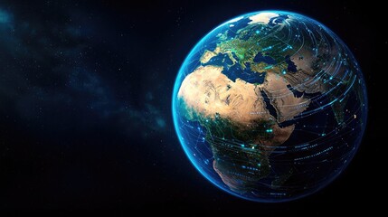Earth with glowing network and cyberspace data grid concept. Stunning view of Earth showcasing detailed land and water.
