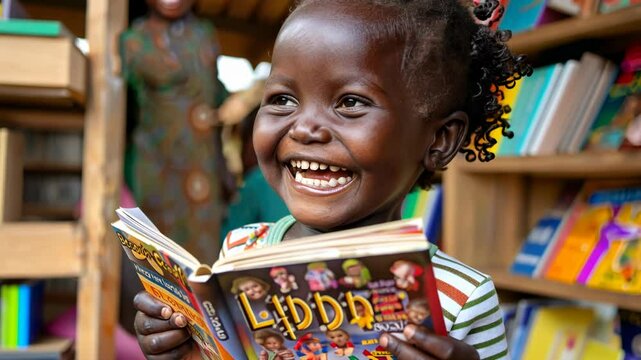 Child's beaming face receiving new book from literacy program volunteer, a moment of pure joy. International Literacy Day, 8 September