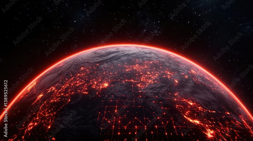 Poster earth with glowing network and cyberspace data grid concept. a stunning view of earth illuminated by
