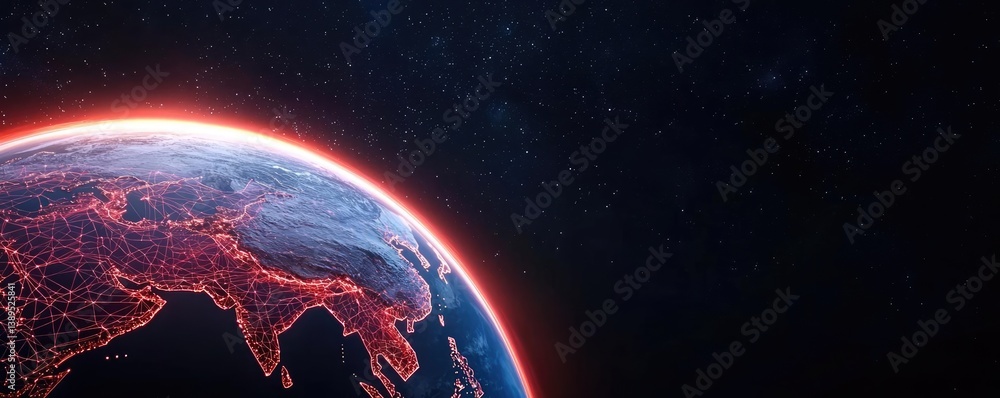 Poster earth with glowing network in cyberspace and digital cloud concept. stunning earth view from space w