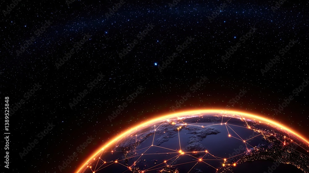 Poster earth with glowing network in cyberspace and digital cloud concept. a stunning view of earth illumin