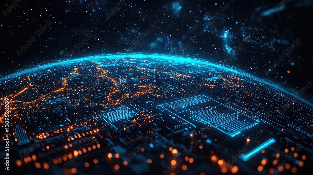 Poster earth with glowing network in cyberspace and digital cloud concept. aerial view of a neon-lit citysc