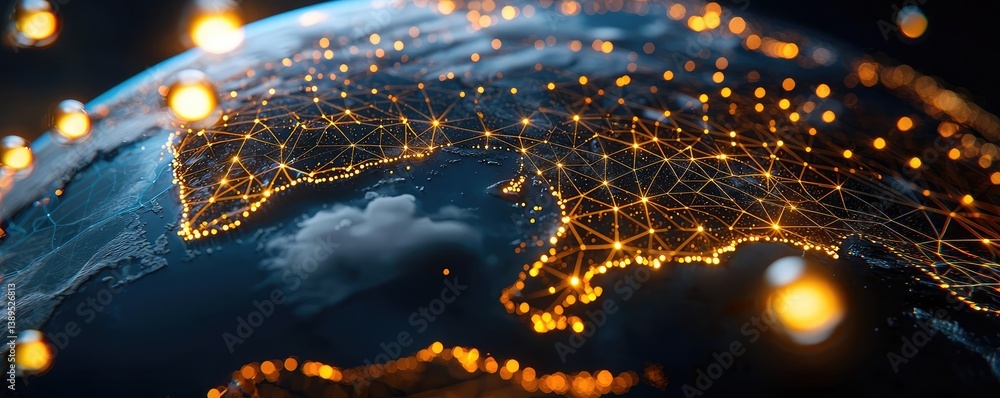 Poster earth with glowing network in cyberspace and digital cloud concept. a detailed view of a connected p