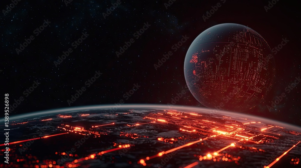 Poster earth with glowing network linked to digital internet technology concept. futuristic planet landscap