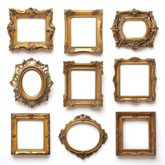 Elegant ornate gold picture frames collection perfect for vintage antique or classic design projects Isolated on white