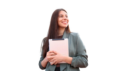 Naklejka premium Young businesswoman is holding tablet and looking away, smiling on a transparent background